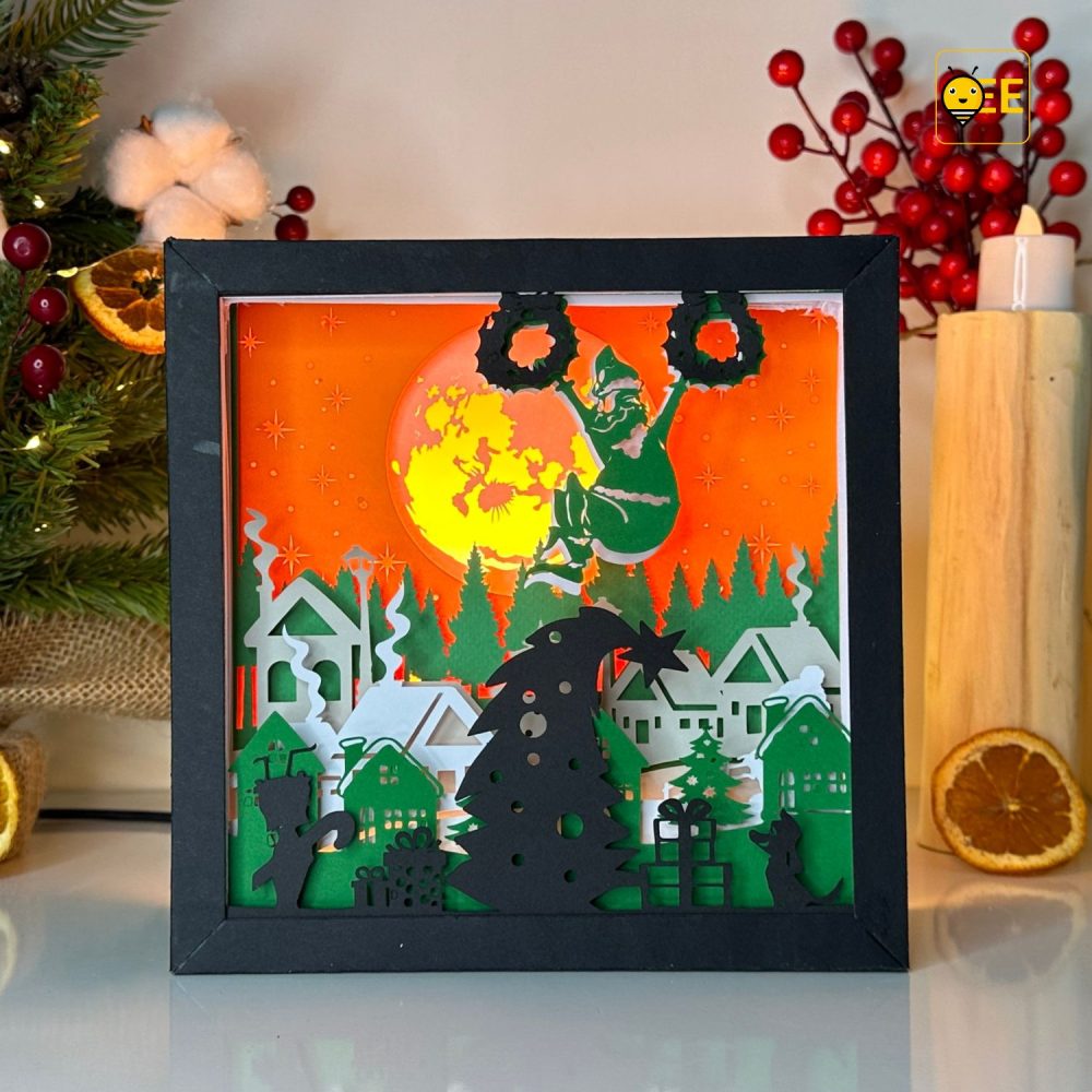 Grinch Stole Christmas Shadowbox, Winter Night SVG Paper Cut File