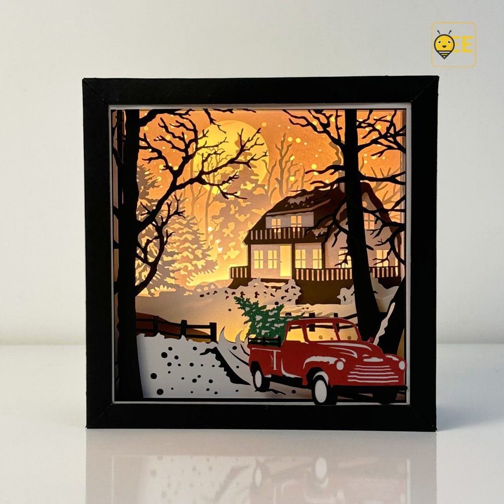 Christmas Red Truck Shadowbox, Winter Night SVG Paper Cut File