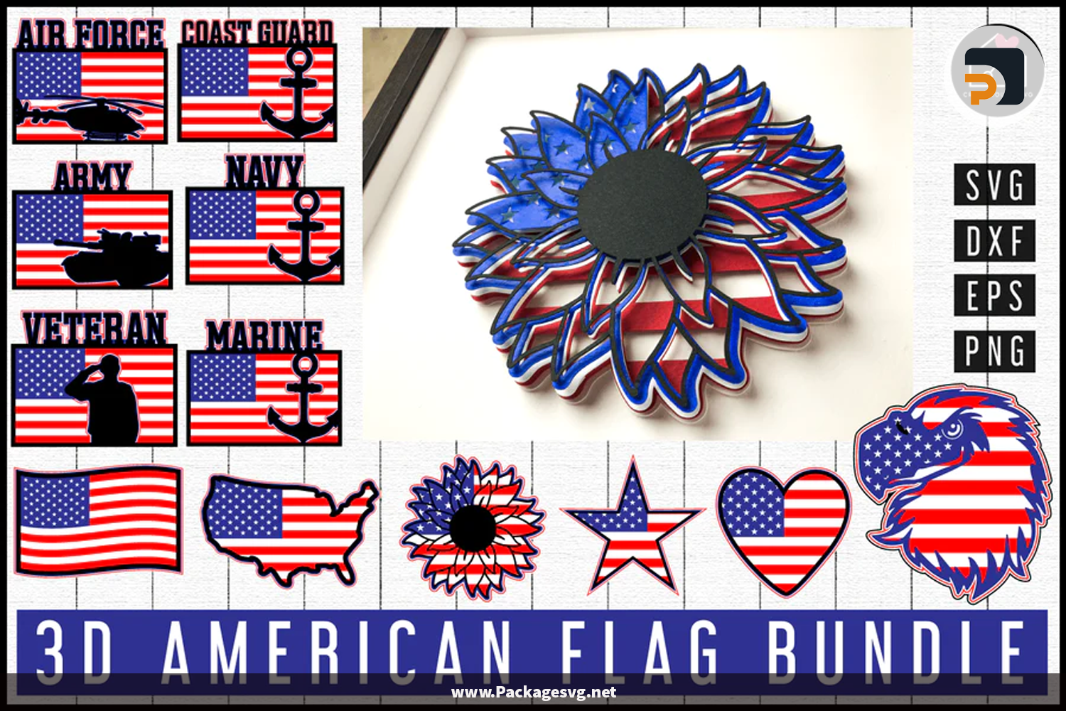 3D American Flag SVG PNG EPS DXF