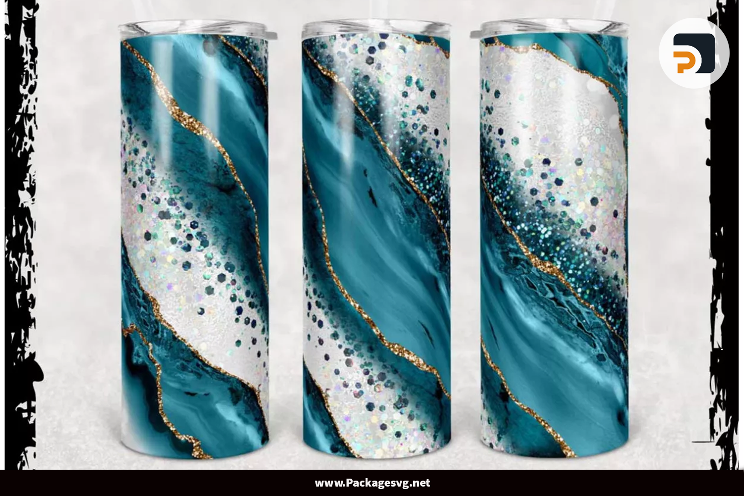 Agate Milky Way Teal Gold 20oz Skinny Tumbler Template PNG