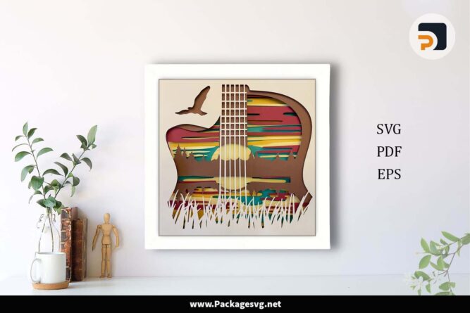 3D Guitar Shadow Box, Lake Sunset Template For Cricut LH9YEZYR