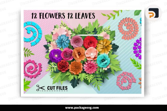 Flower Papercut Bundle, 12 Rolled Flower Template For Cricut LHH1AFLS