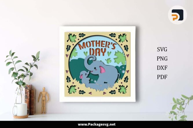 3D Elephants Shadow Box, Happy Mother's Day SVG Template For Cricut LH70H31S