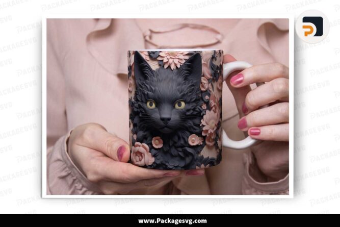 3D Black Cat Flowers Mug, 11oz 15oz Mug Sublimation Wrap LJGM3Y9D