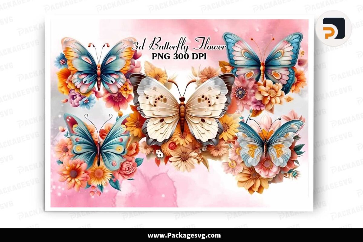 3D Butterfly Flower Sublimation Clipart Free Download