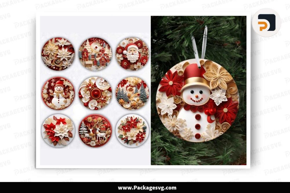 3D Red and Gold Christmas Ornament Bundle, 10 Round Sign Designs LJF4KMNU