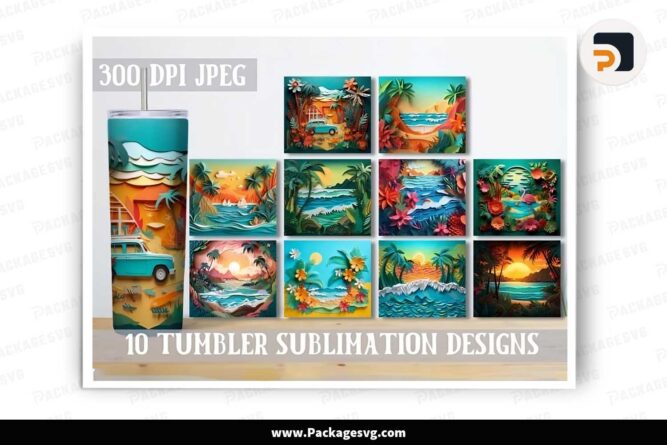 3D Summer Design Bundle, 10 Templates 20oz Tumbler Wrap LJ3Q5YKD