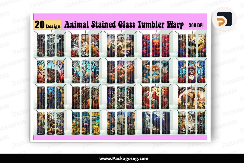 Animal Stained Glass Bundle, 20oz Tumbler Template Wrap LJ5158EH