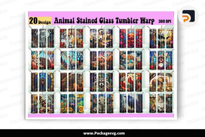 Animal Stained Glass Bundle, 20oz Tumbler Template Wrap LJ5158EH