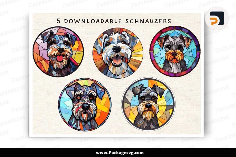 Schnauzer Dog Stained Glass, 5 PNG Cliparts LJ3OG3KV