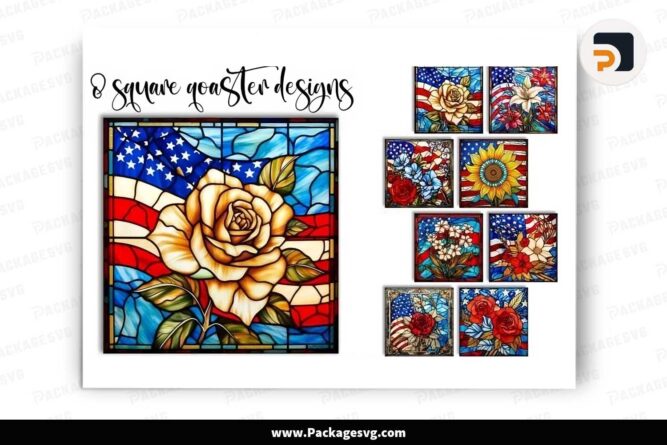 Stained Glass 4th of July Bundle, 8 Square Coaster Designs LJ28ANQM