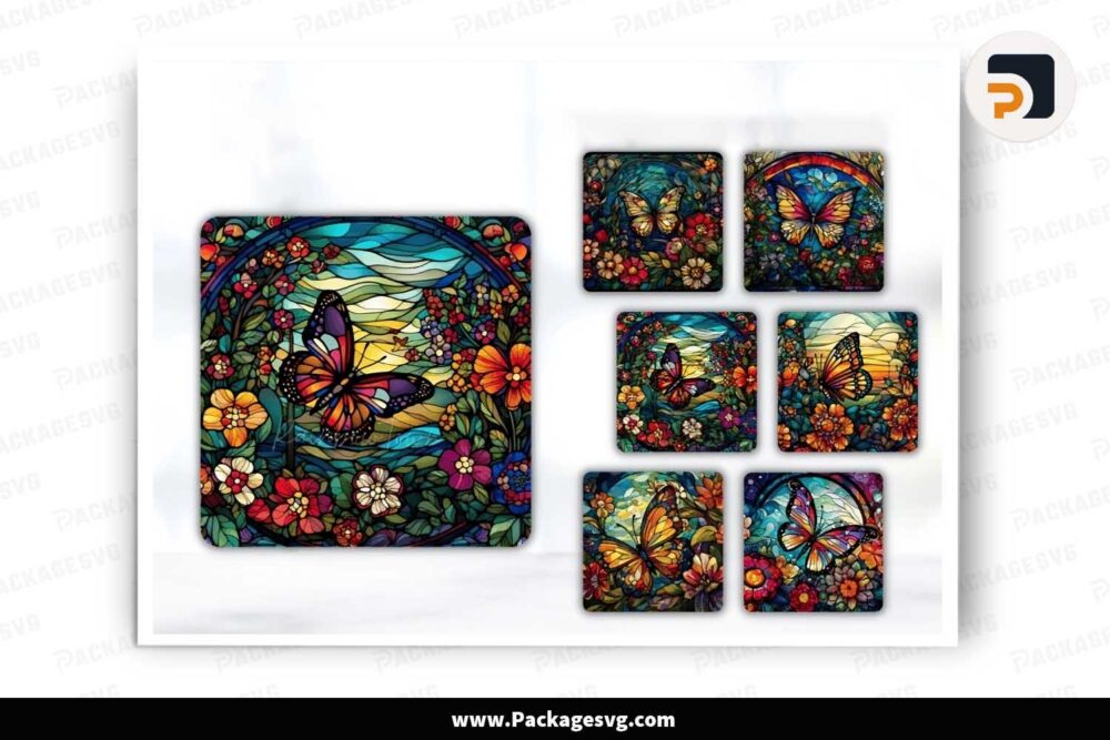 Stained Glass Butterfly Bundle, 6 Square Coaster Designs LJ440WKV