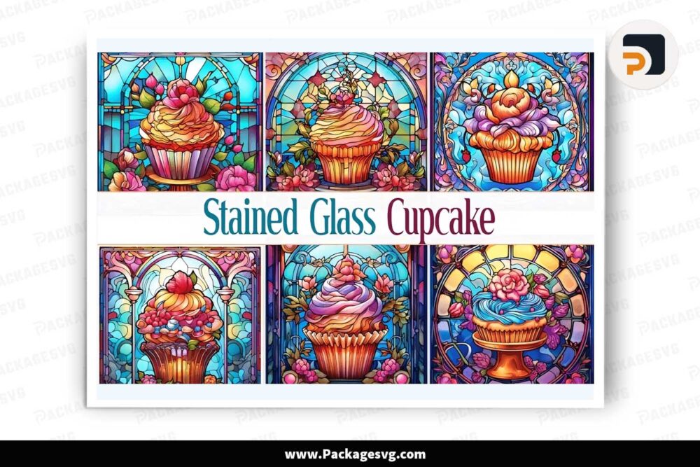 Stained Glass Cupcake Bundle, 12 Window Cliparts PNG LJ7YFFZ6