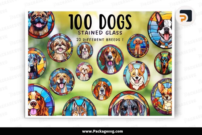 Stained Glass Dogs Bundle, 20 Dog Breed PNG Cliparts LJ3PDTOF