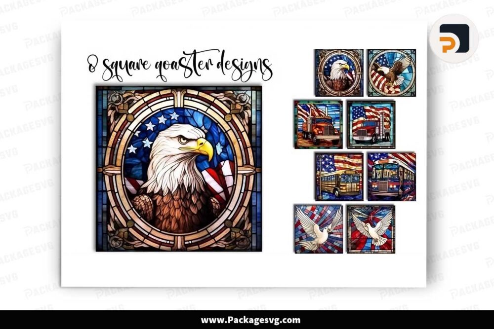 Stained Glass Eagle Truck Bundle, 8 Square Coaster Designs LJ28MG3W