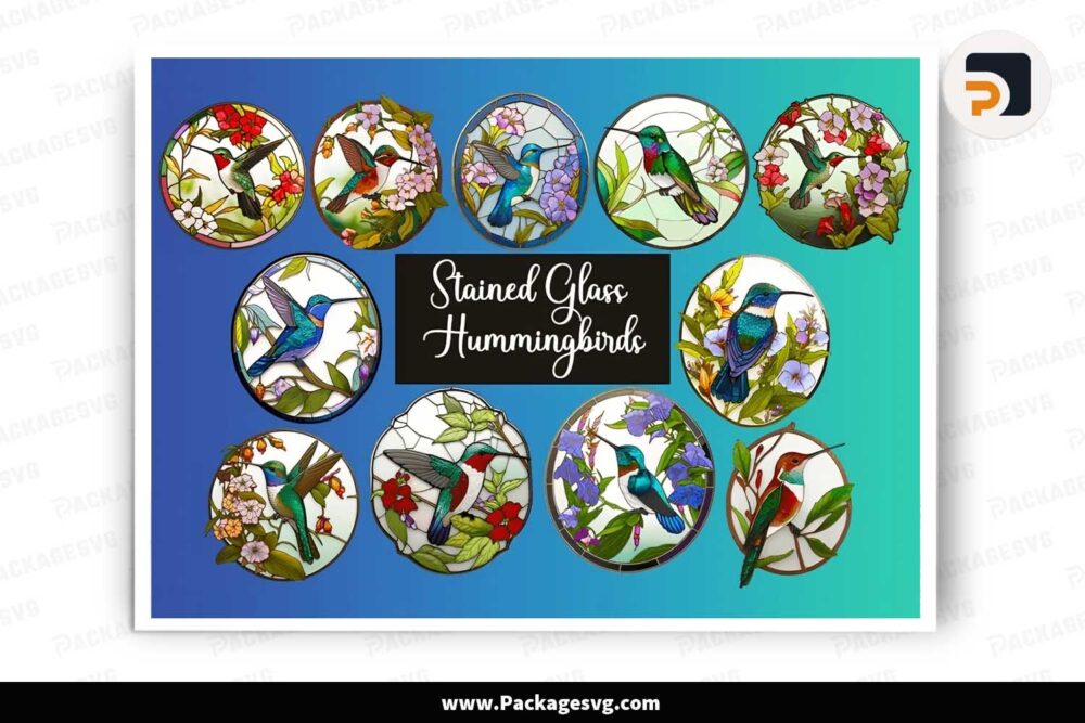 Stained Glass Hummingbird Bundle, 11 Window Cliparts PNG LJ7Y3PUT