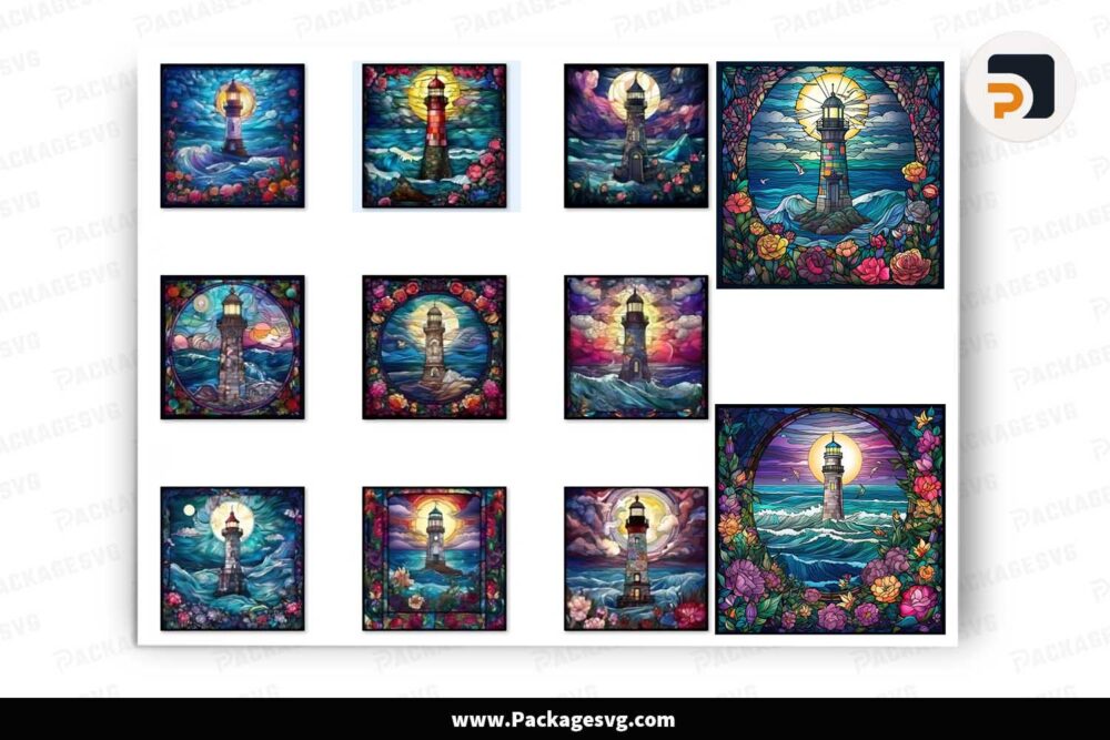Stained Glass Lighthouse Bundle, 10 Backgrounds Printable On Card And Tumbler LJ53I7MO