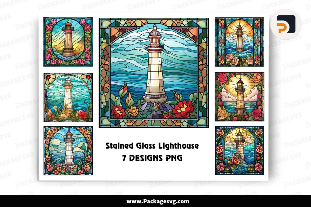 Stained Glass Lighthouse Sublimation Bundle, 7 Designs PNG LJ891X2T