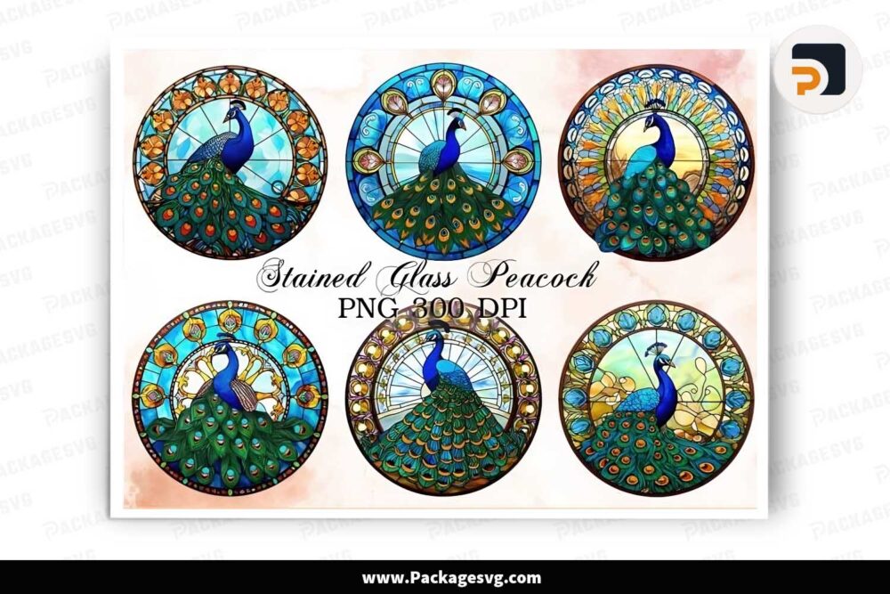 Stained Glass Peacock Bundle, 6 Square Coaster Designs LJ44H8ZA