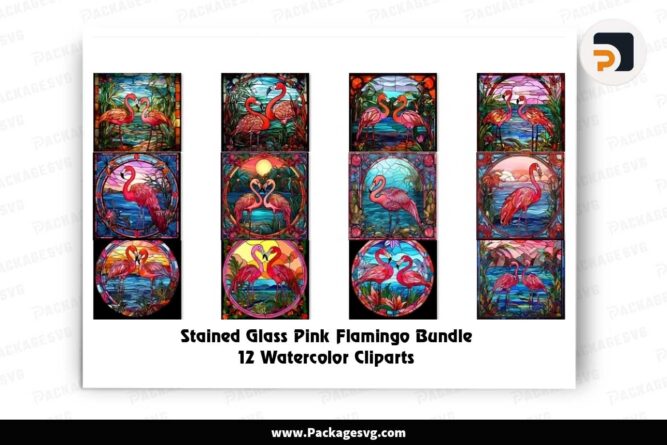 Stained Glass Pink Flamingo Bundle, 12 Watercolor Cliparts JPG LJ87O234