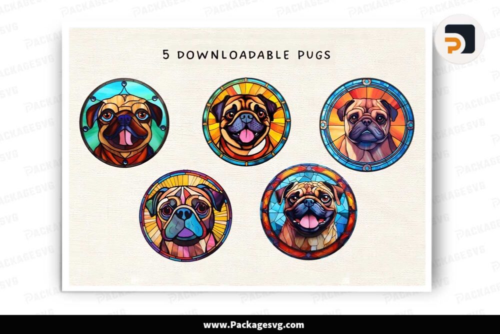 Stained Glass Pug Dog, 5 PNG Cliparts LJ3OWIYX