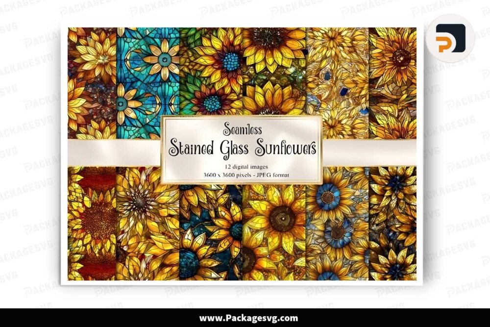 Sunflower Stained Glass Bundle, 12 Digital Paper Templates LJGFQLEV