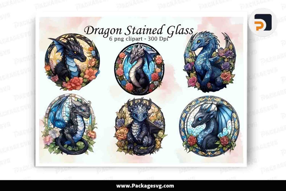 Dragon Flower Stained Glass Bundle, 6 Sublimation Designs PNG LJNOOHML