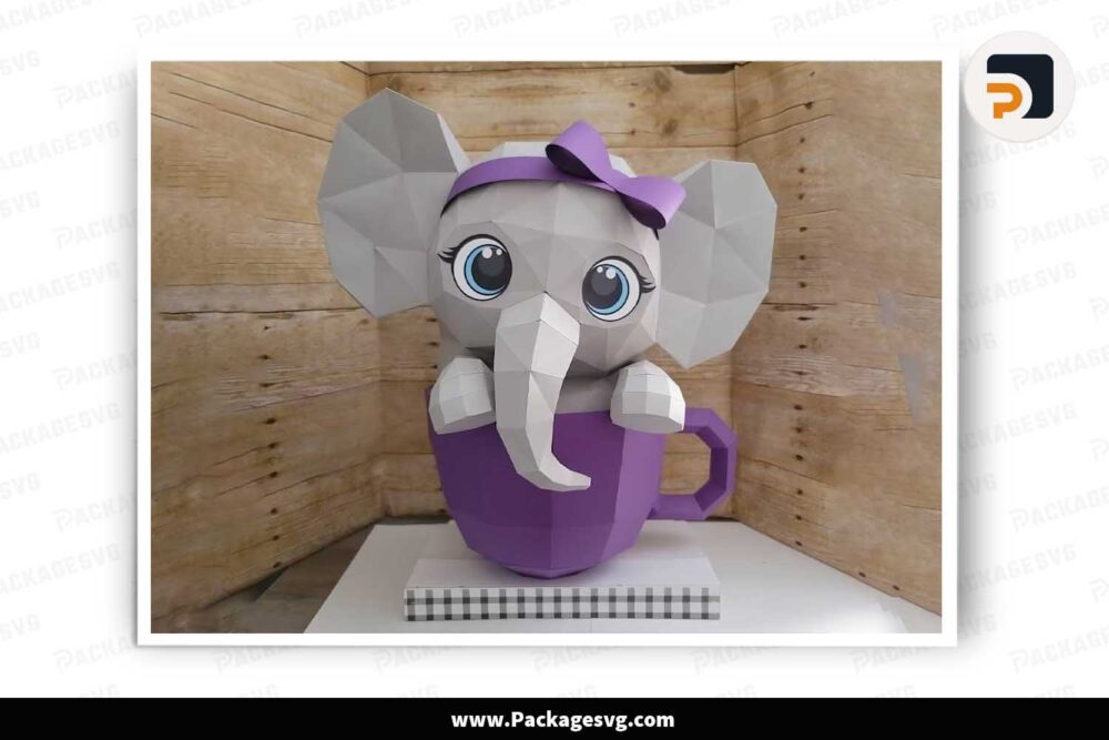 Elephant In Cup Paper Craft SVG, 3D Template For Cricut LJRZQ0C6