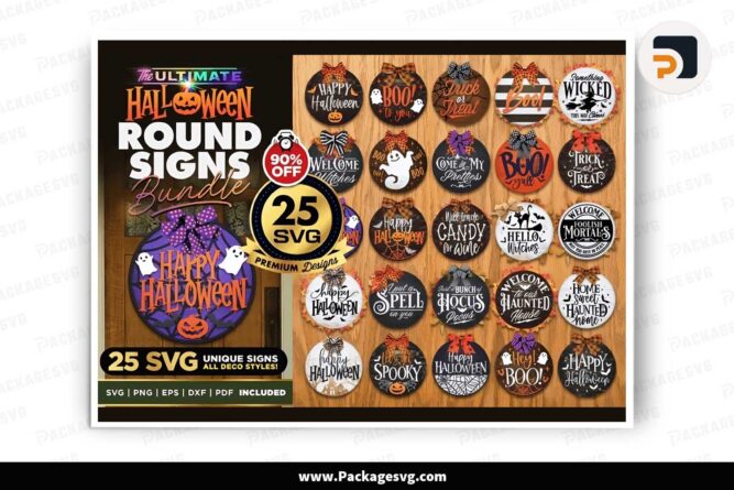 Halloween Round Signs Bundle, 25 Door Sign SVG LKNAXFYE