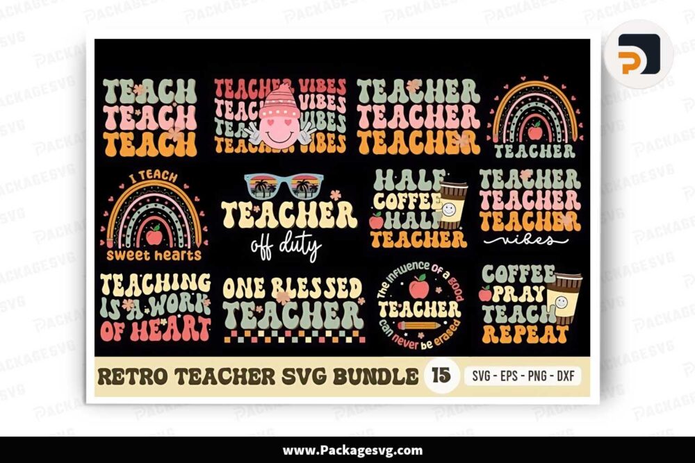Retro Teacher SVG Bundle, 15 Shirt Designs LKCFGJGL