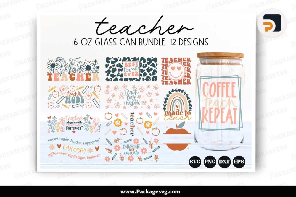 Teacher Glass Can SVG Bundle, 12 Designs Libbey 16 oz Can Wrap LK3FQF63
