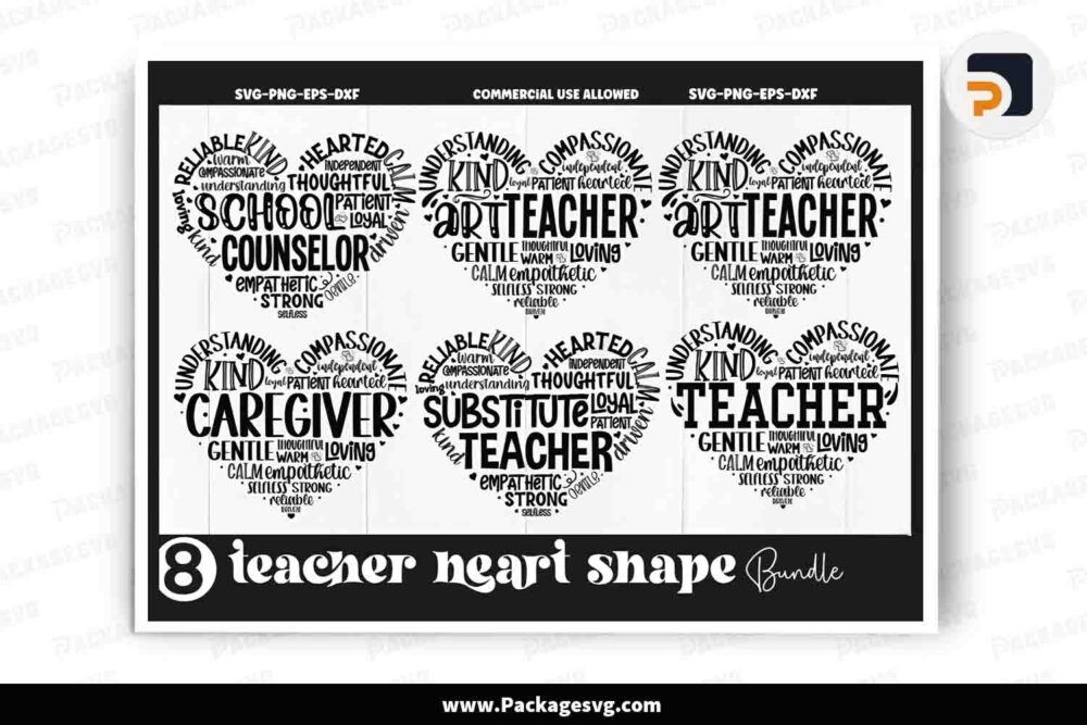 Teacher Heart Shape Bundle, 8 Word Art Shirt Designs LKCFMUBH
