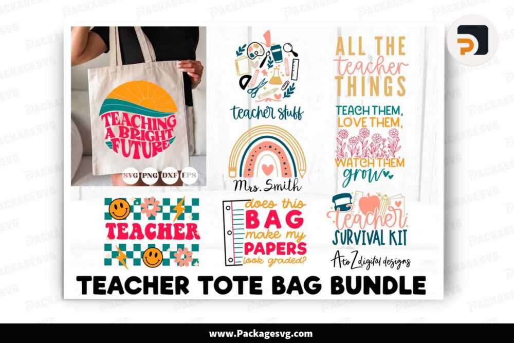 Teacher Tote Bag Bundle, 8 School SVG Designs LK3ER2OJ