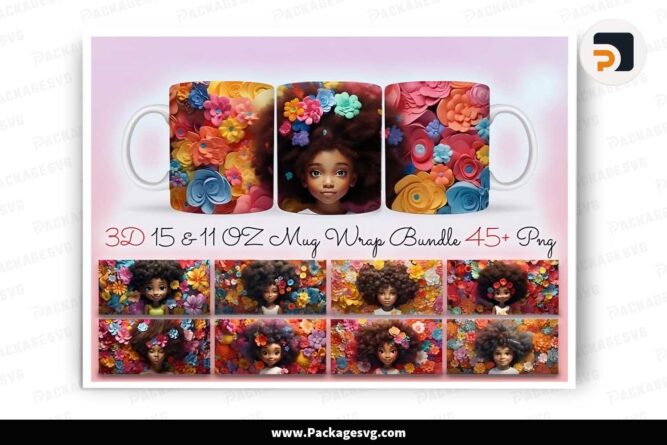 3D Afro Little Girl Bundle, 45+ PNG 11oz 15oz Mug Wrap LLNK69ZR
