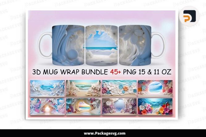 3D Beach and Flowers Bundle, 45 PNG 11oz 15oz Mug Wrap LLKQ3RKK