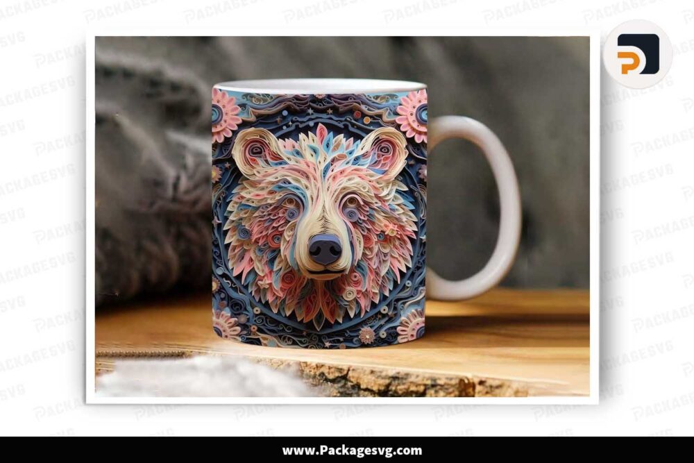 3D Bear Quilling Sublimation PNG, 11oz 15oz Mug Wrap LLLYB25W