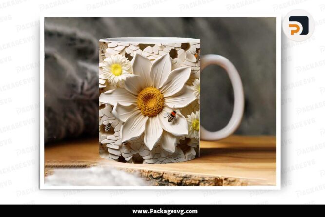3D Bee And White Flowers Sublimation PNG, 11oz 15oz Mug Wrap LLLYI0JZ