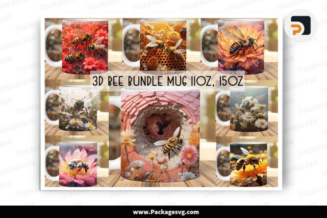 3D Bee Mug Bundle, 8 Designs 11oz 15oz Mug Wrap LLEIE3KC