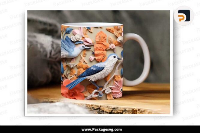 3D Birds Flowers Sublimation PNG, 11oz 15oz Mug Wrap LLKN1469