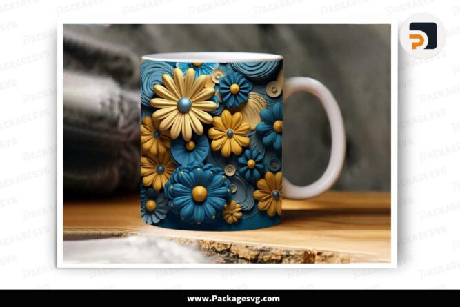 3D Blue And Yellow Flowers Sublimation PNG, 11oz 15oz Mug Wrap LLM06EM1