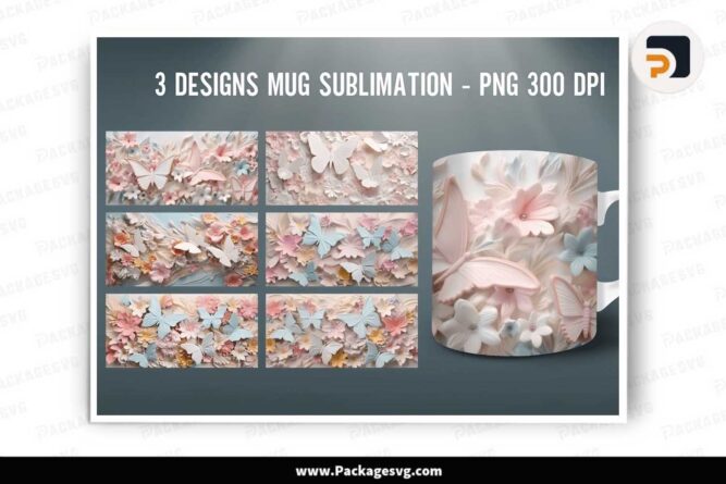 3D Butterflies Sublimation Bundle, 6 PNG 11oz Mug Wrap LLKOR0H3