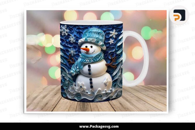 3D Christmas Snowman Quilling PNG, 11oz 15oz Mug Wrap LLM50H6Z