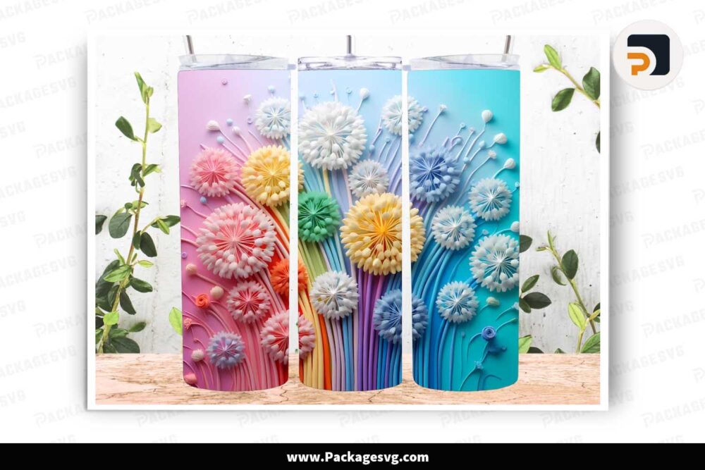 3D Colorful Dandelions Flowers PNG, 20oz Skinny Tumbler Wrap LLNG9K4R