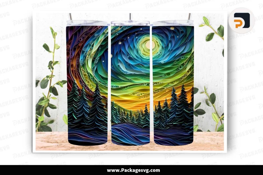 3D Colorful Northern Lights PNG, 20oz Skinny Tumbler Wrap LLNG2U0R