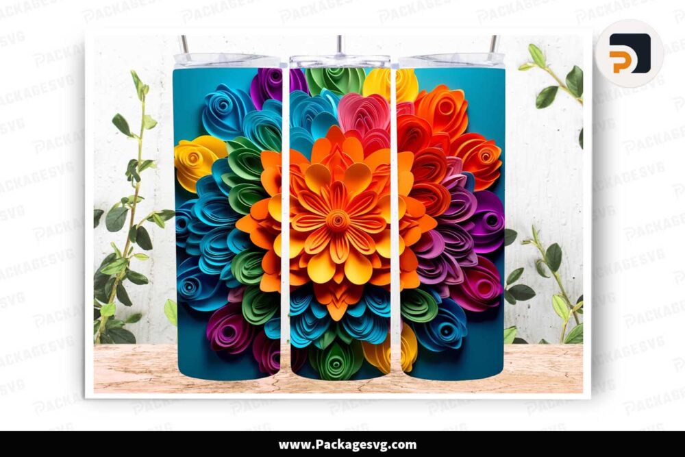 3D Colorful Rainbow Flowers PNG, 20oz Skinny Tumbler Wrap LLNEK09I