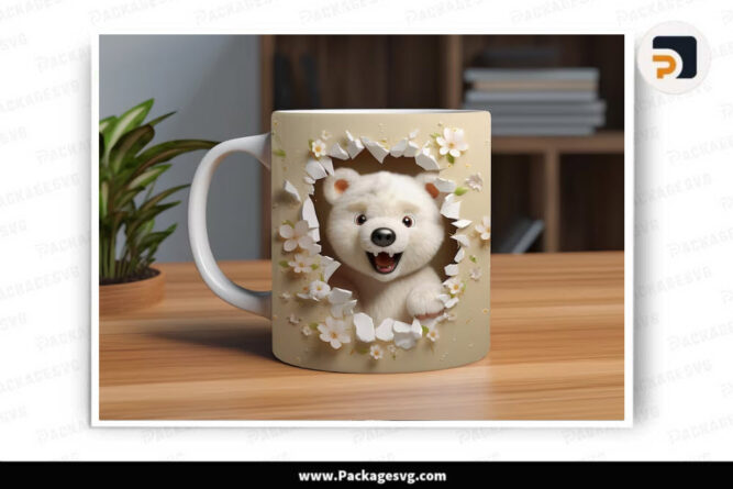 3D Cute White Bear Flower Wrap, 11oz 15oz Mug Template