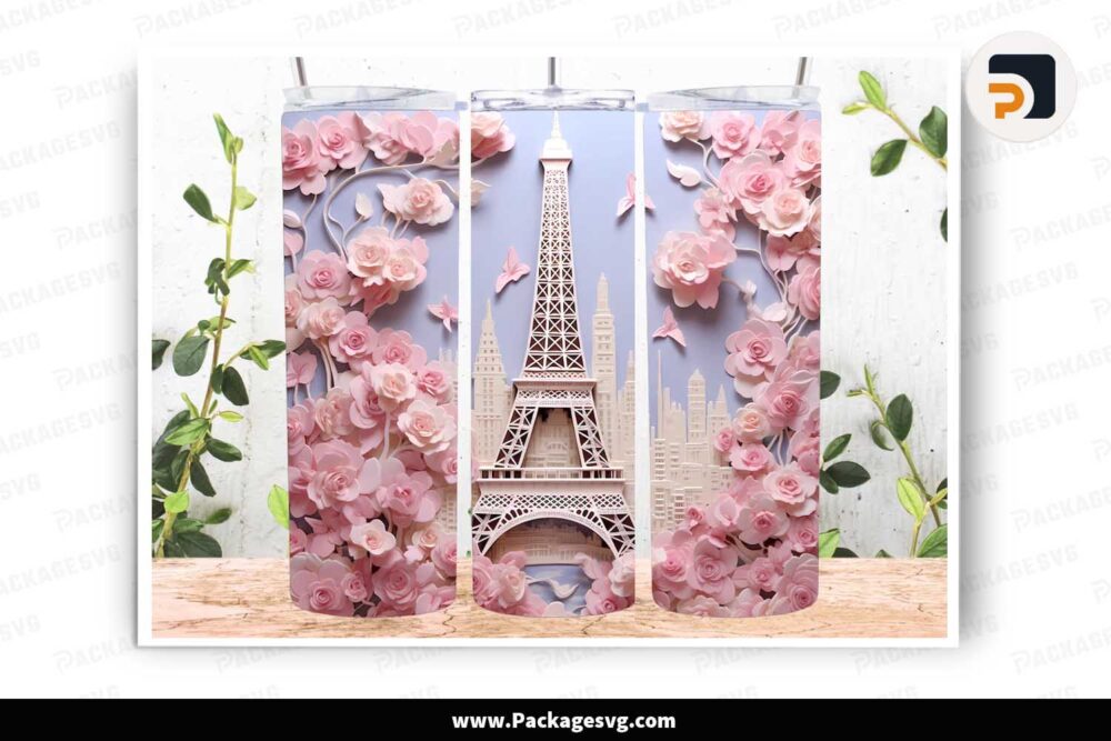 3D Eiffel Tower Pink Roses PNG, 20oz Skinny Tumbler Wrap LLNF3N1B