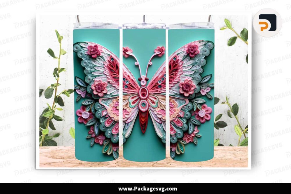 3D Embroidered Butterfly PNG, 20oz Skinny Tumbler Wrap LLNFM3DY