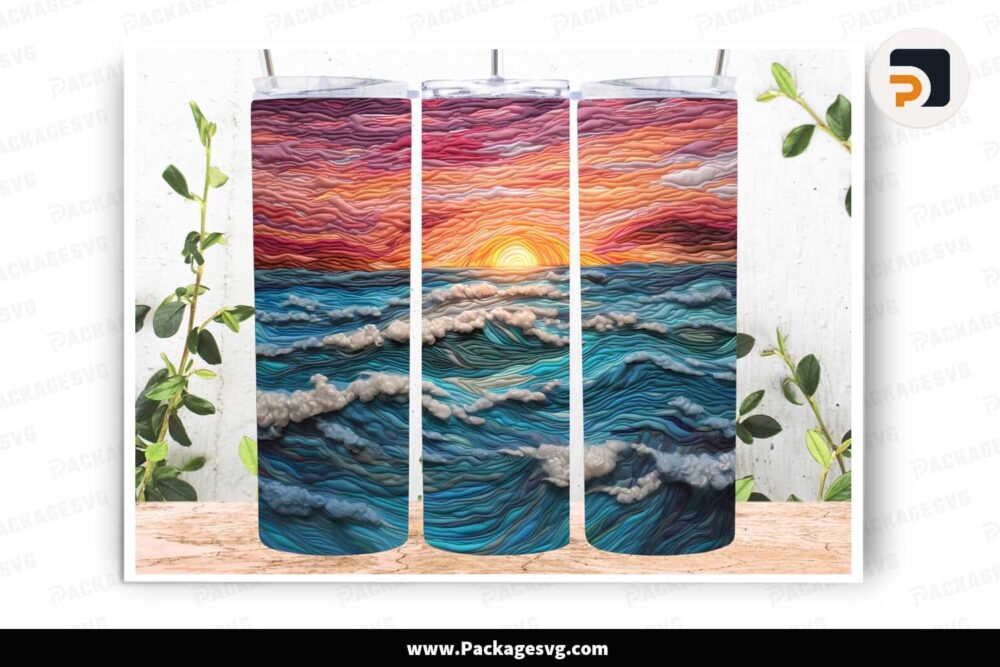 3D Embroidered Ocean Sunset PNG, 20oz Skinny Tumbler Wrap LLNGUQL1