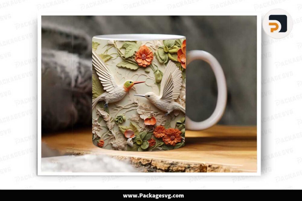 3D Floral Hummingbird Sublimation PNG, 11oz 15oz Mug Wrap